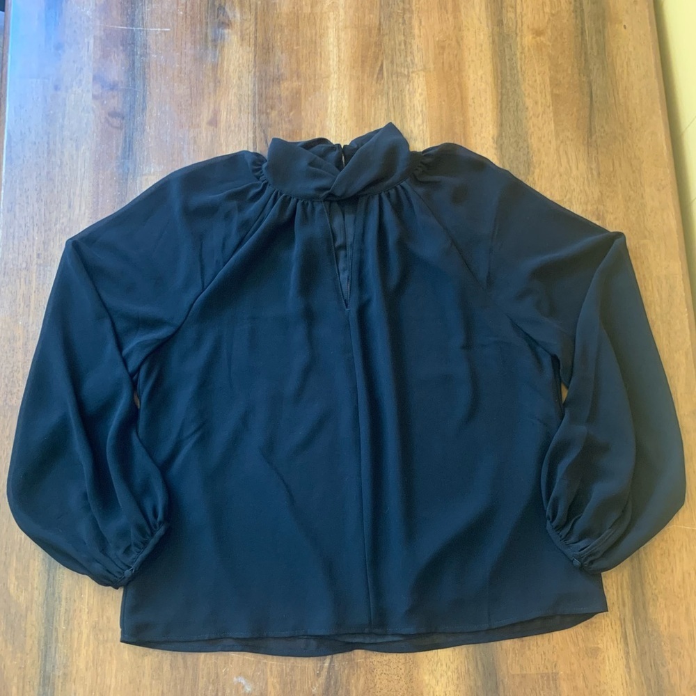 Banana Republic Top Medium Black Sheer Ballon Sleeve Button turtleneck Classy